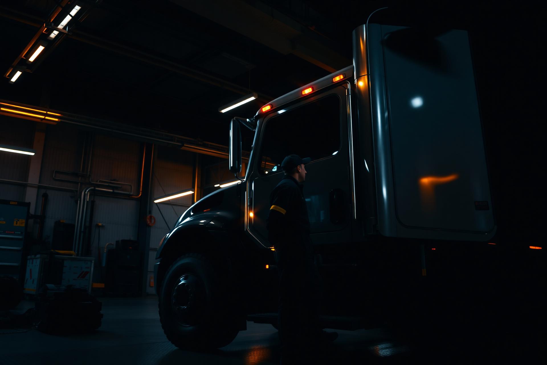 Mechanic servicing a fleet truck in an industrial garage